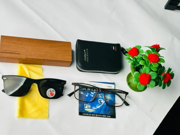 Combo Package Blue Cut UV+420+Rayban Polarized Sunglasses+Leder Wallat Card Holder 10 puket, 3in One,
